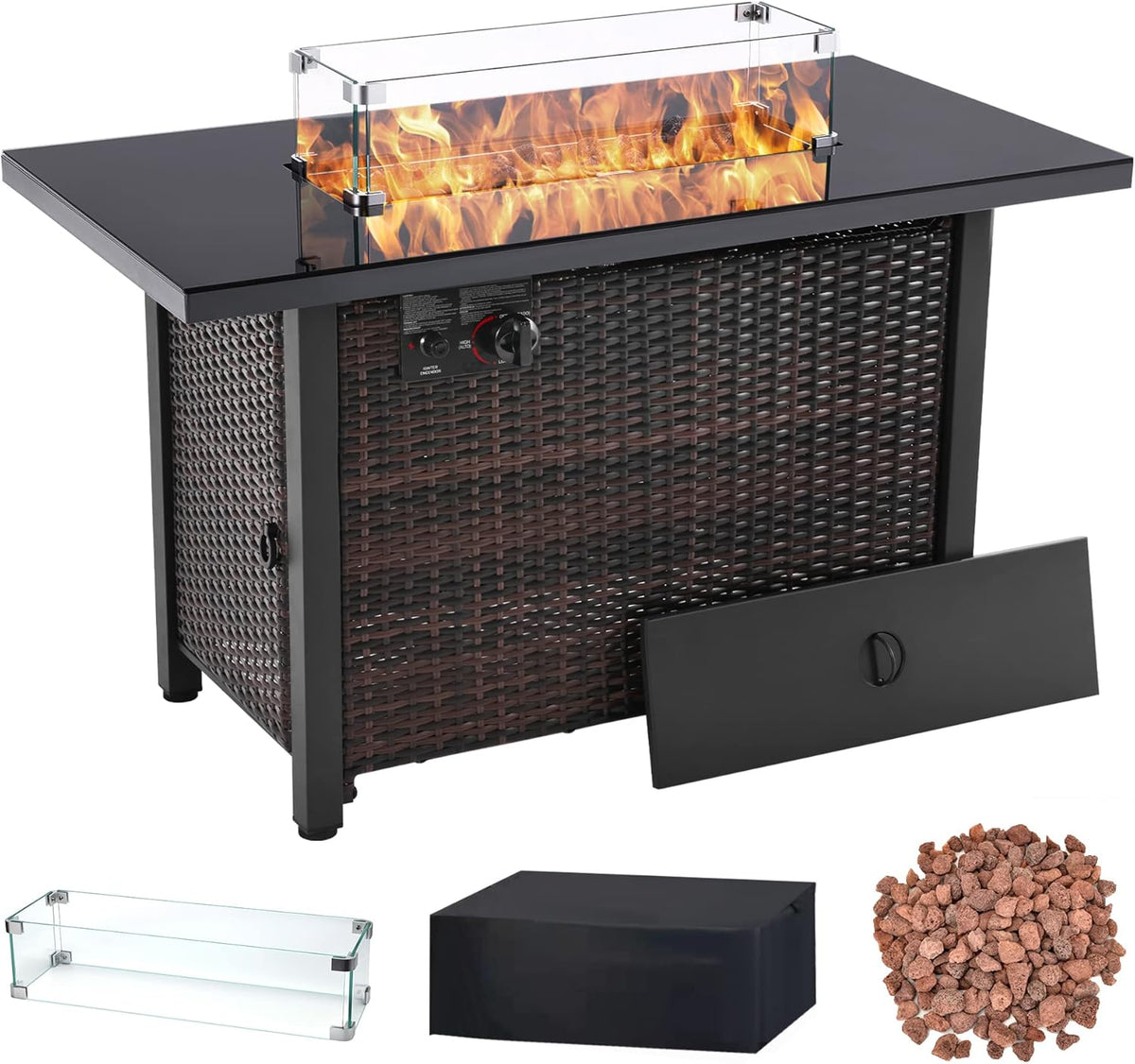 43 Inch 50,000 BTU Propane Gas Fire Pit Table with Glass Wind Guard O90496
