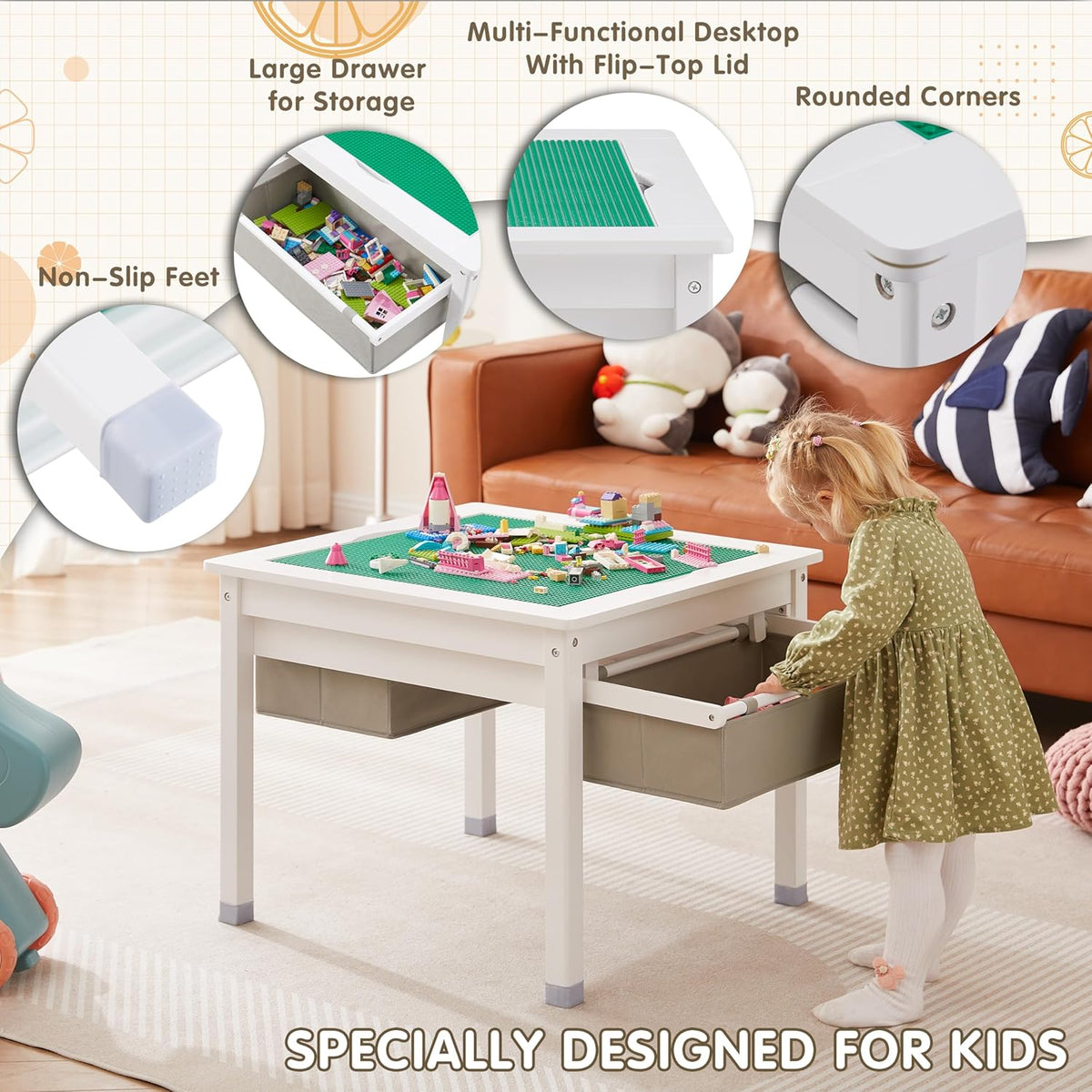 White Wooden Kids Table with Storage Drawers H753545