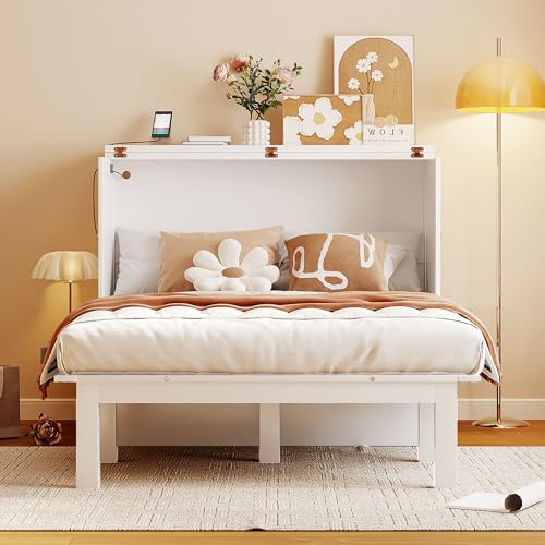 Full Size Murphy Bed with Desk, USB Port, and Shelves, White Wood Frame B741