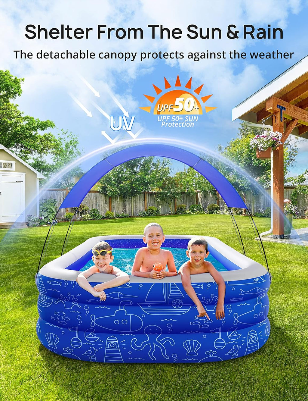 Blue Inflatable Pool with Canopy, 150” x 70” x 20” I55258