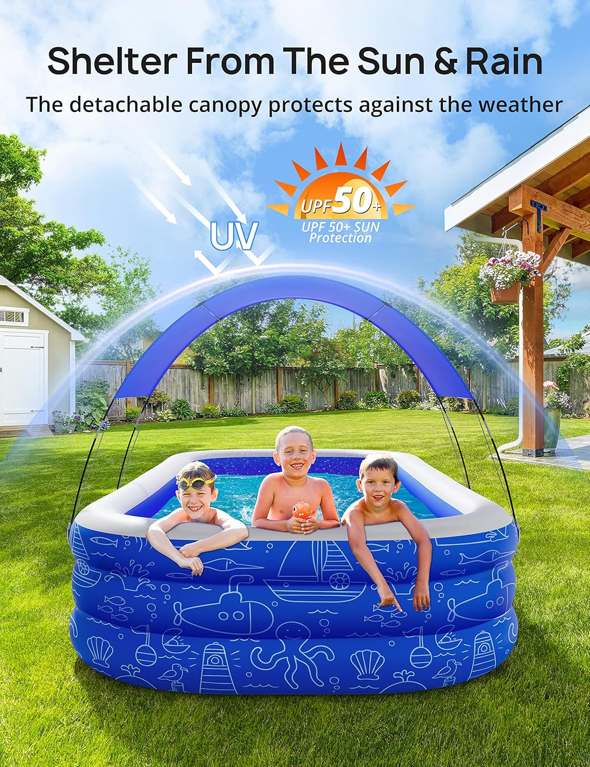Blue Inflatable Pool with Canopy, 150” x 70” x 20” I55258