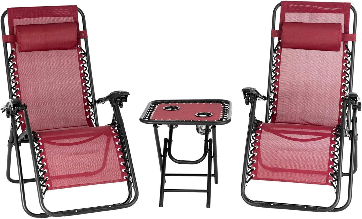 2 PCS Beige Folding Zero Gravity Lounge Chair Set with Headrest and Table V790077