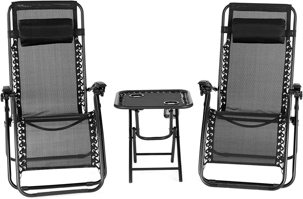 2 PCS Beige Folding Zero Gravity Lounge Chair Set with Headrest and Table V790077