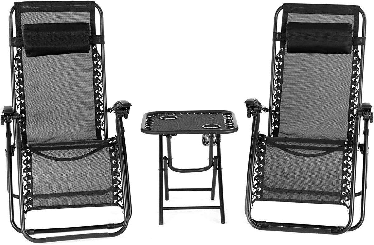 2 PCS Beige Folding Zero Gravity Lounge Chair Set with Headrest and Table V790077