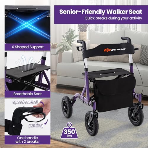 Foldable Rollator Walker with Seat, 9.5" All Terrain Pneumatic Wheel, Heavy Duty S5065