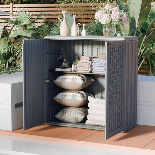 Outdoor Storage Cabinet Waterproof with Shelf, Resin, Size 34.3''L*15''W*36.2''H (Black) D293
