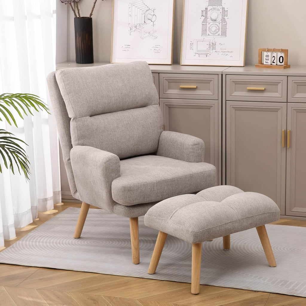 Decorative Chair Set with Footstool, Adjustable Backrest, Wooden Legs A840