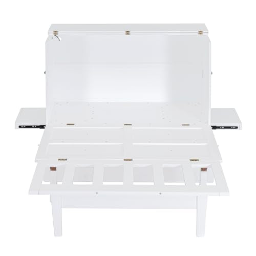 Full Size Murphy Bed with Desk, USB Port, and Shelves, White Wood Frame B741