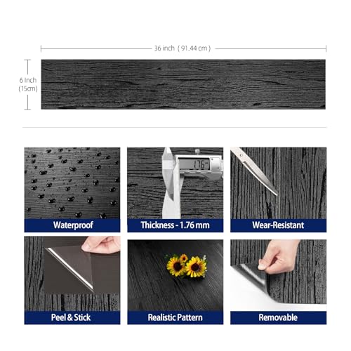 17-Pack 6"x36" Black Wood Luxury Vinyl Plank Flooring Peel and Stick Tiles N439