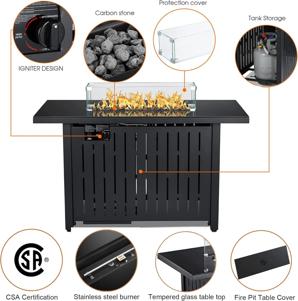 43 Inch 50,000 BTU Propane Gas Fire Pit Table with Glass Wind Guard O90496