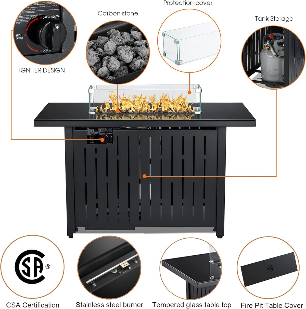 43 Inch 50,000 BTU Propane Gas Fire Pit Table with Glass Wind Guard O90496