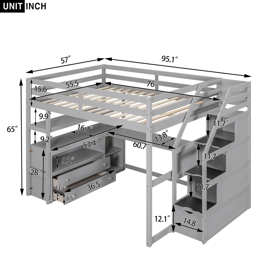 Full Wood Loft Bed with Desk, Storage Stairs, Two Drawers P676