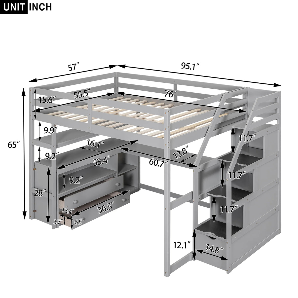 Full Wood Loft Bed with Desk, Storage Stairs, Two Drawers P676