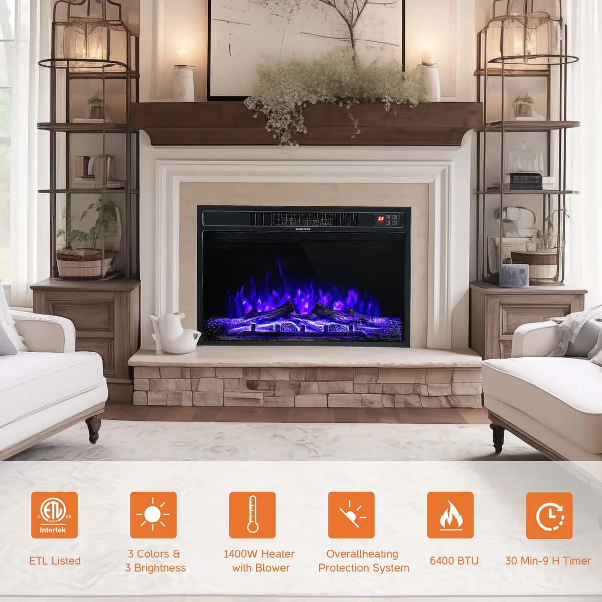 Electric Fireplace Heater with Thermostat, Remote Control K8326