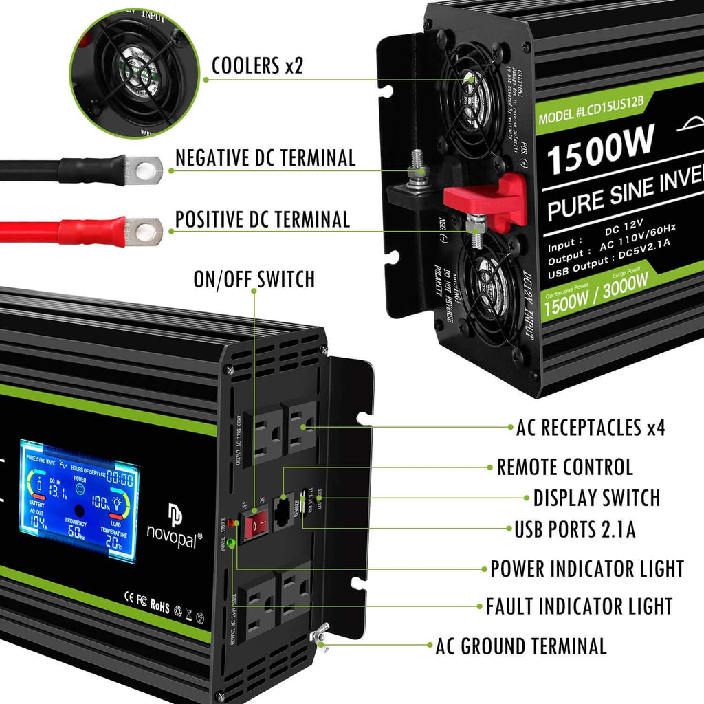 1500 watt Pure Sine Wave Power Inverter 12V to 110V/120V 4 AC Outlets Y328464