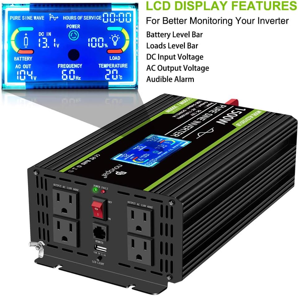 1500 watt Pure Sine Wave Power Inverter 12V to 110V/120V 4 AC Outlets Y328464