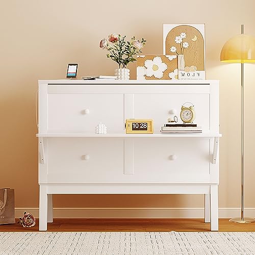 Full Size Murphy Bed with Desk, USB Port, and Shelves, White Wood Frame B741