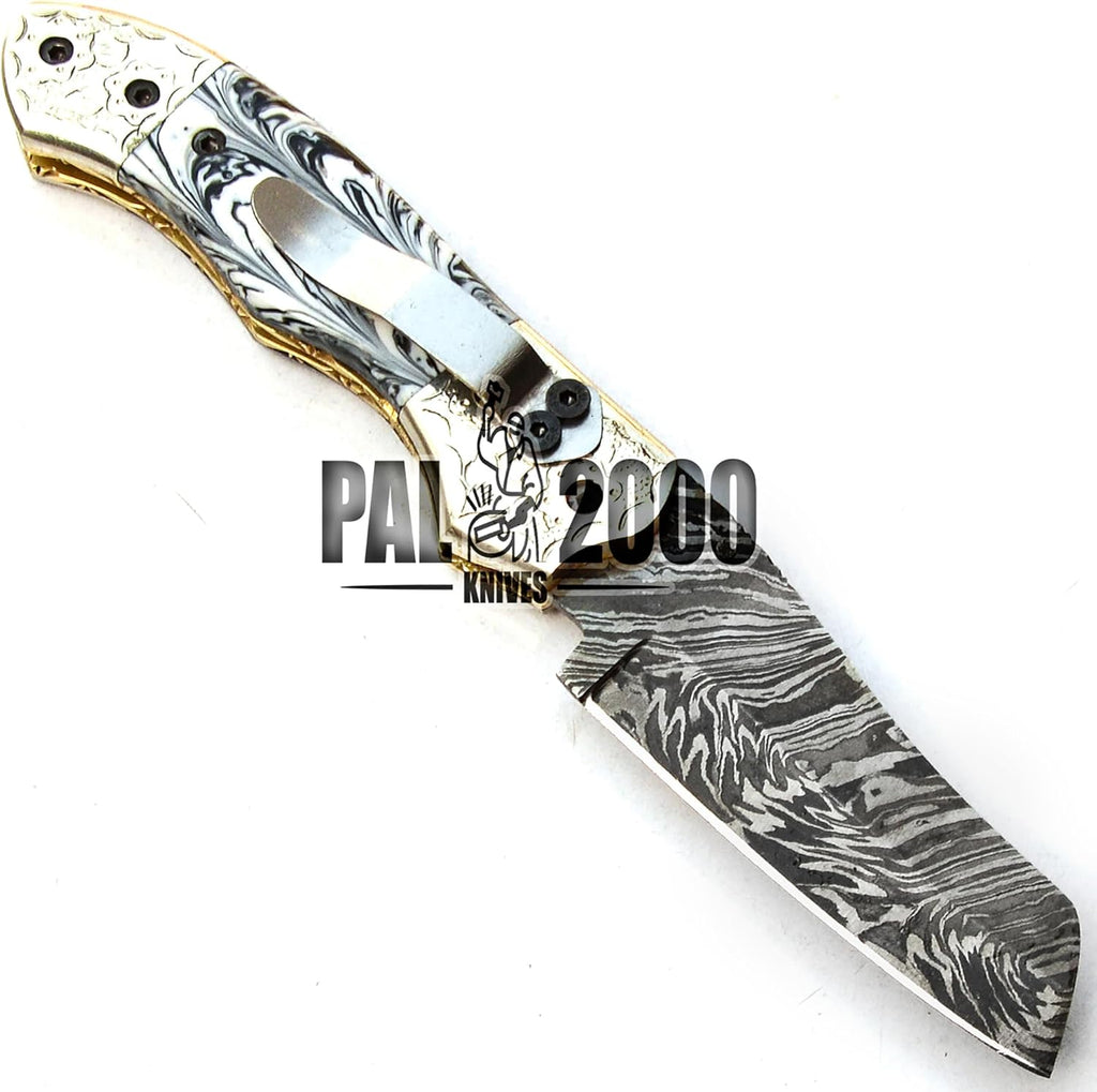 Handmade Damascus Steel Folding Pocket Hunting Knife with Sheath D53421