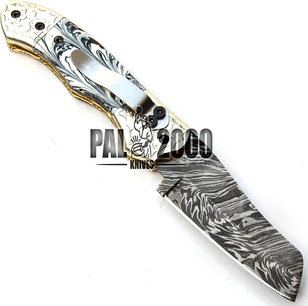 Handmade Damascus Steel Folding Pocket Hunting Knife with Sheath D53421