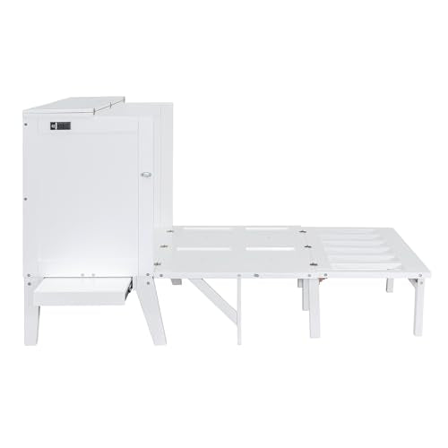 Full Size Murphy Bed with Desk, USB Port, and Shelves, White Wood Frame B741