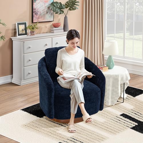 Ivory Chenille Swivel Barrel Chair with Wood Base K8405
