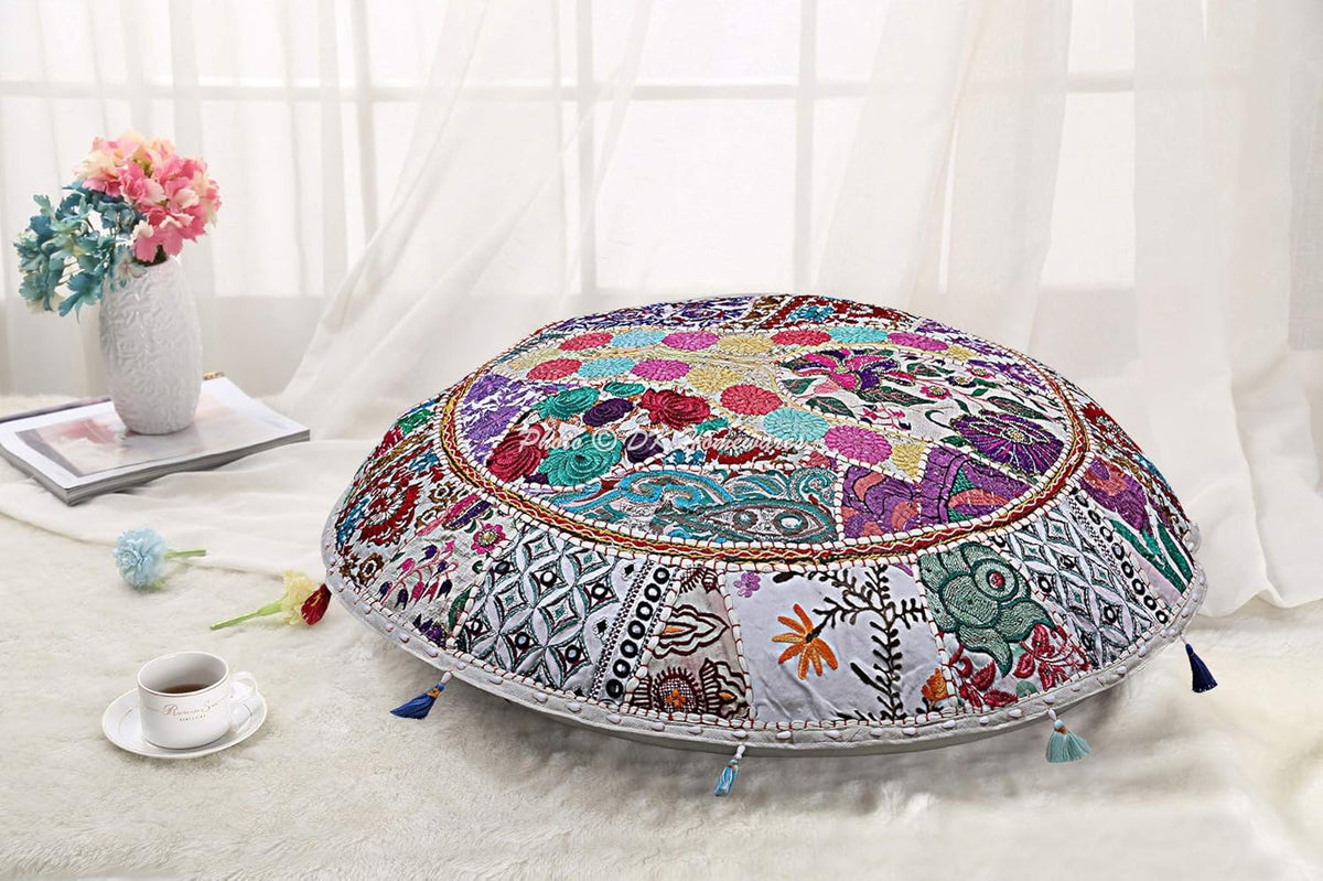 40 Inch White Cotton Round Floor Pillow C29307