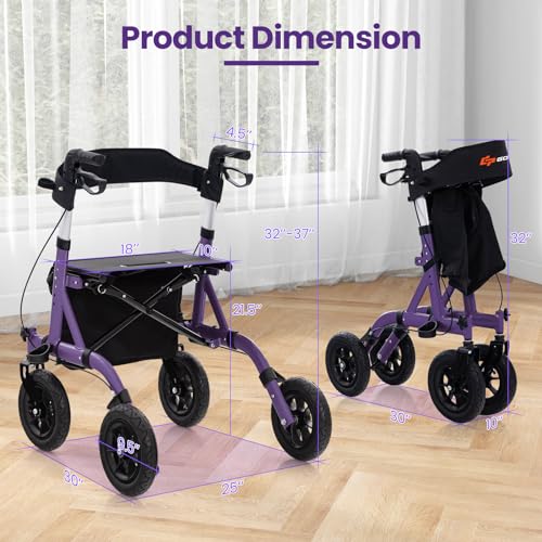 Foldable Rollator Walker with Seat, 9.5" All Terrain Pneumatic Wheel, Heavy Duty S5065