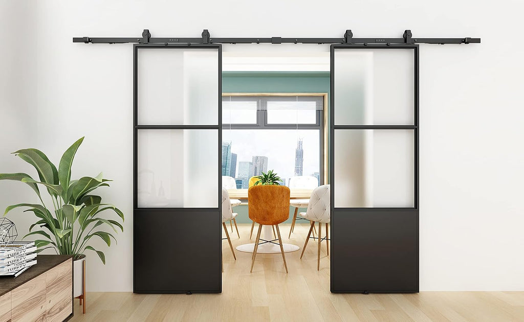 Double Barn Door 72 x 84 in with 12FT Hardware Kit and Soft Close Mechanism, Clear Tempered Glass Carbon Steel Frame I4095