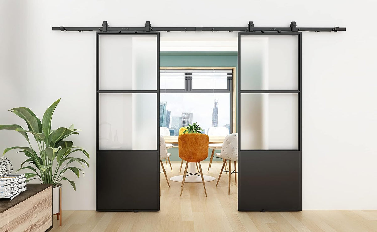 Double Barn Door 72 x 84 in with 12FT Hardware Kit and Soft Close Mechanism, Clear Tempered Glass Carbon Steel Frame I4095