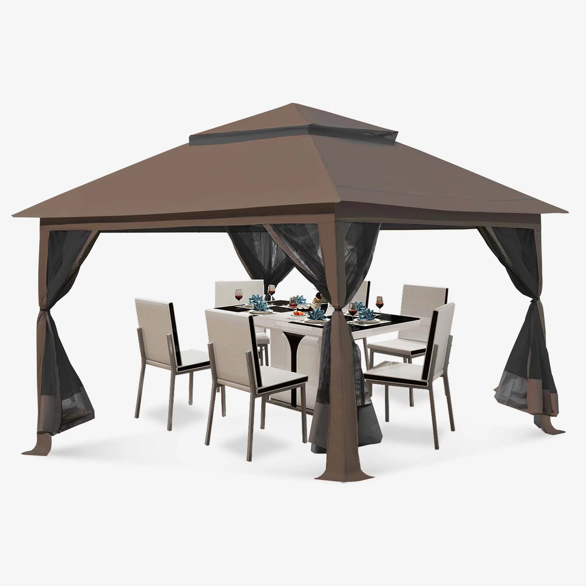 13 x13 ft Pop up Gazebo Canopy Shelter with Mosquito Netting, Brown Q4316