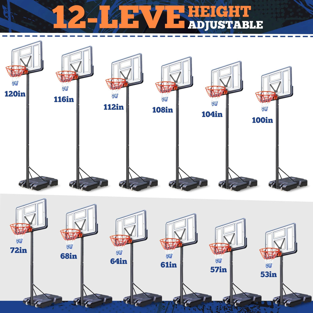 44 Basketball Hoop, 4.4-10ft Height Adjustable Portable Basketball Goal System with Shatterproof PVC Backboard and 18 Rim N448