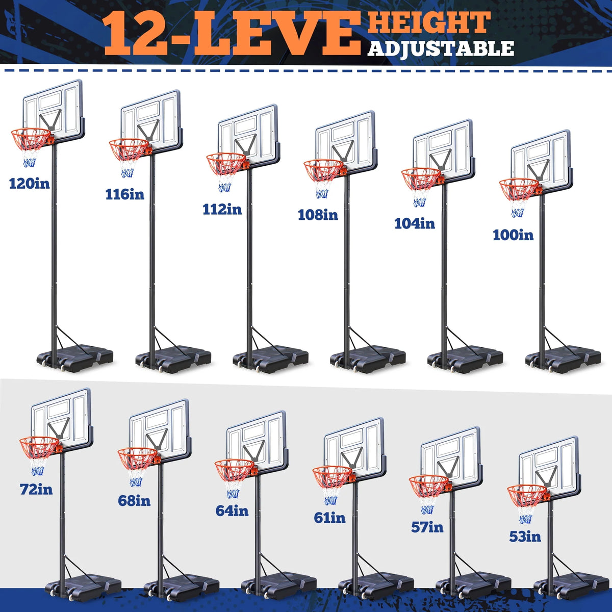 44 Basketball Hoop, 4.4-10ft Height Adjustable Portable Basketball Goal System with Shatterproof PVC Backboard and 18 Rim N448