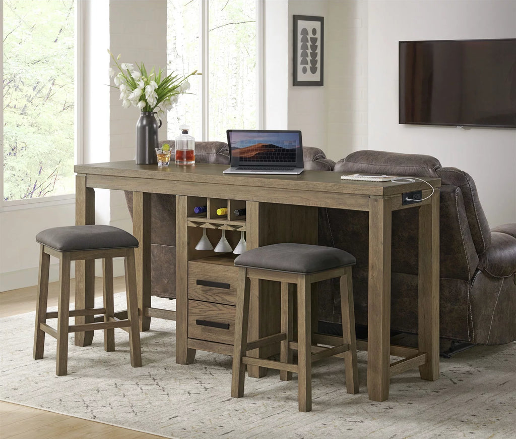 Brown Acacia Wood Sofa Console Bar Table Set with 2 Stools M469682