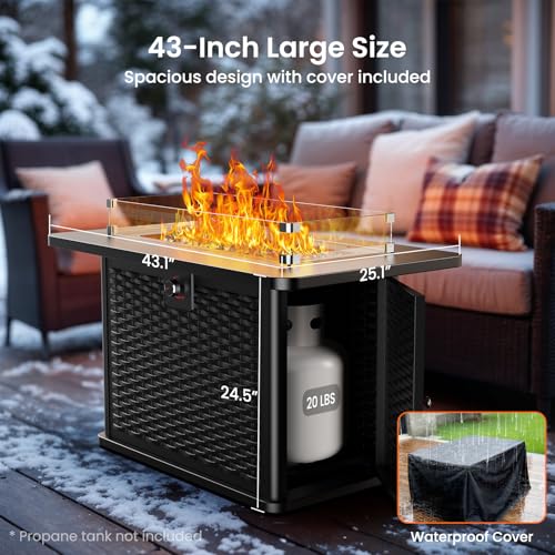43 Inch Propane Fire Pit Table with Glass Rocks and Cover T218941