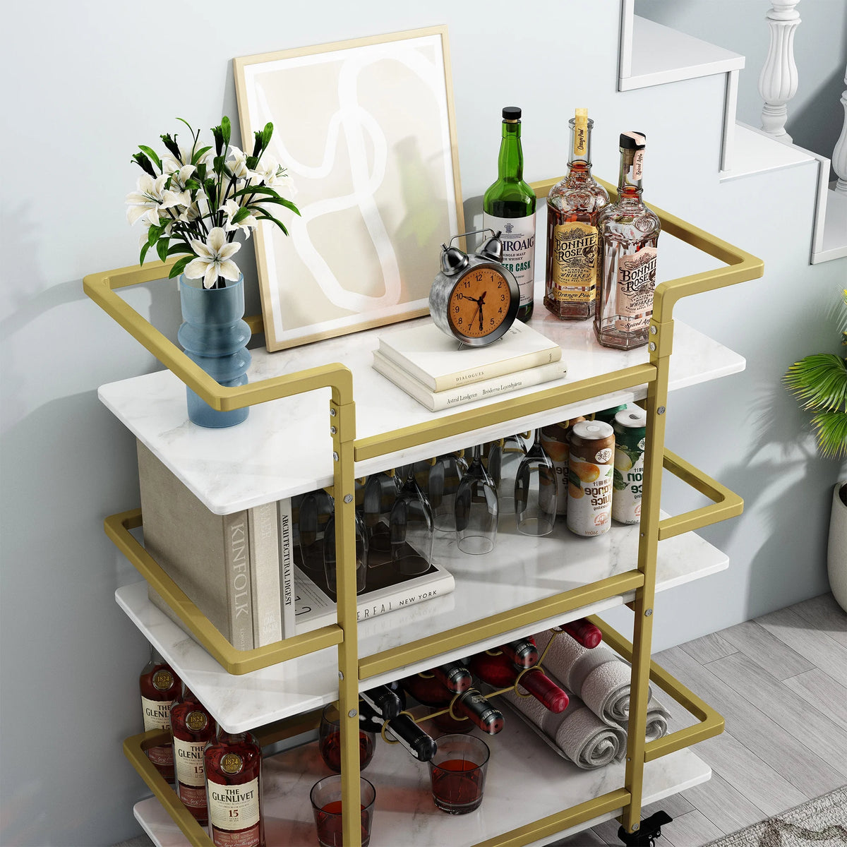Golden 3-Tier Bar Cart with Wine Rack and Glass Cup Storage H53428
