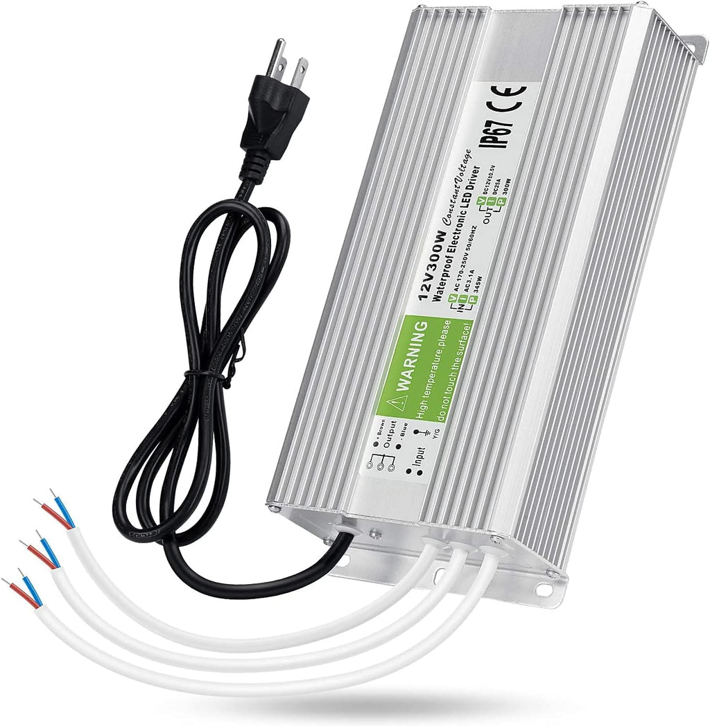 LEDMO IP67 Power Supply 300 Watts DC12V 25A AC/DC Driver Transformer Adapter Low Voltage Output with 3-Prong Plug 3.3 Feet Cable E7370