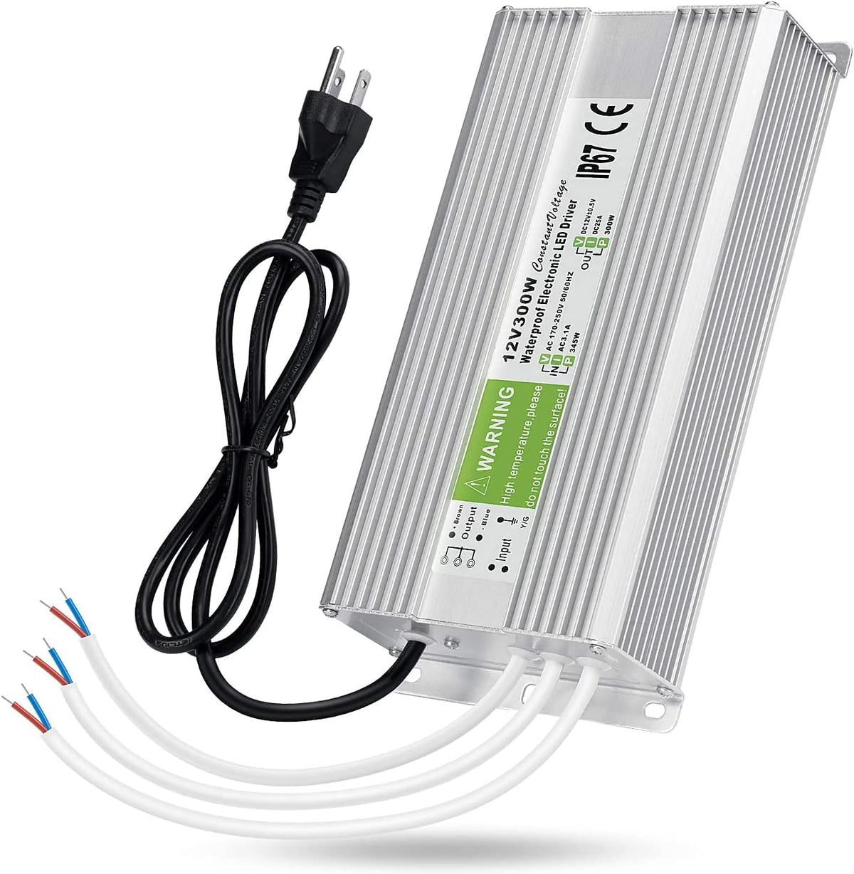 LEDMO IP67 Power Supply 300 Watts DC12V 25A AC/DC Driver Transformer Adapter Low Voltage Output with 3-Prong Plug 3.3 Feet Cable E7370