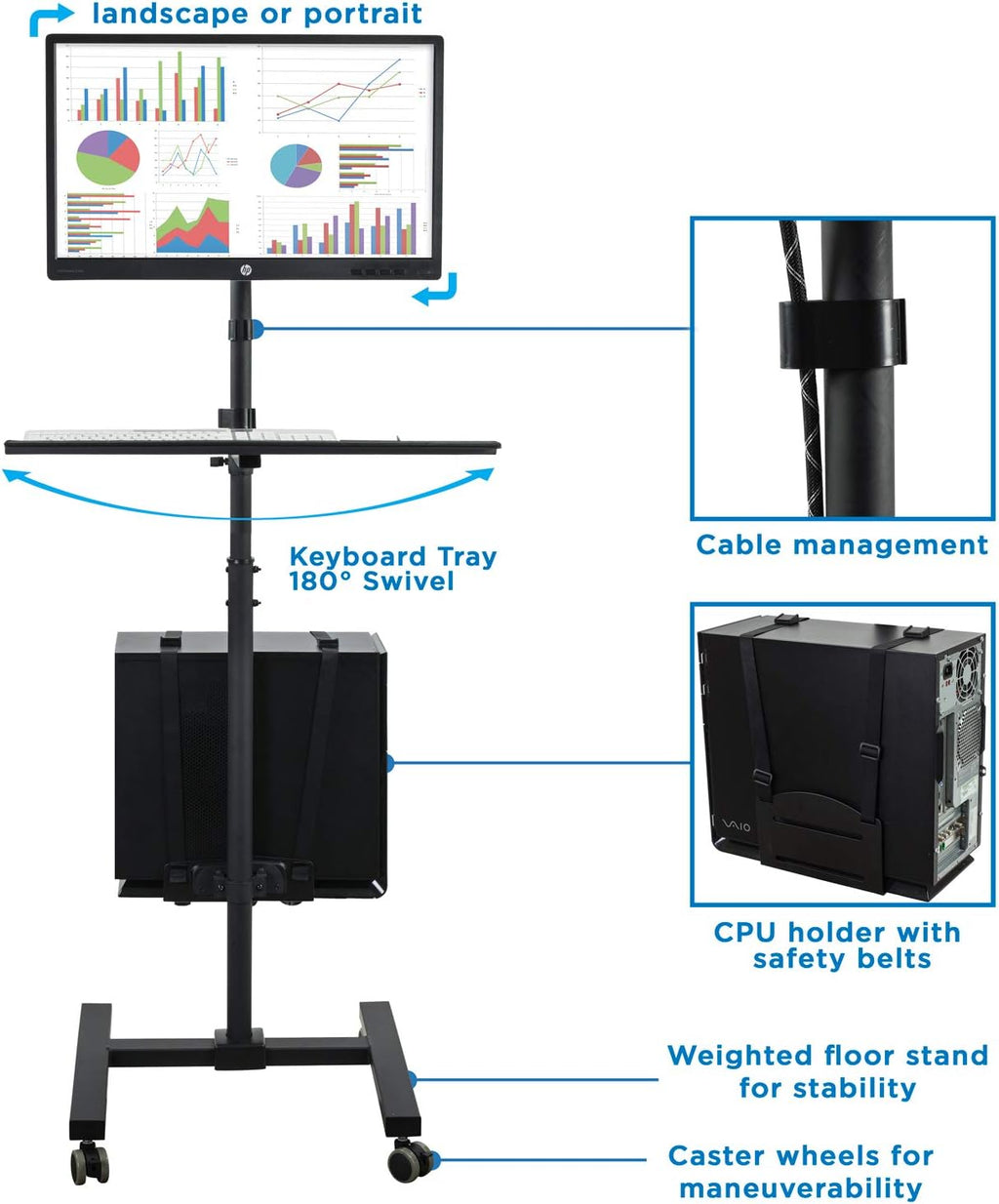 Rolling Computer Cart with Monitor Mount and CPU Holder B864879