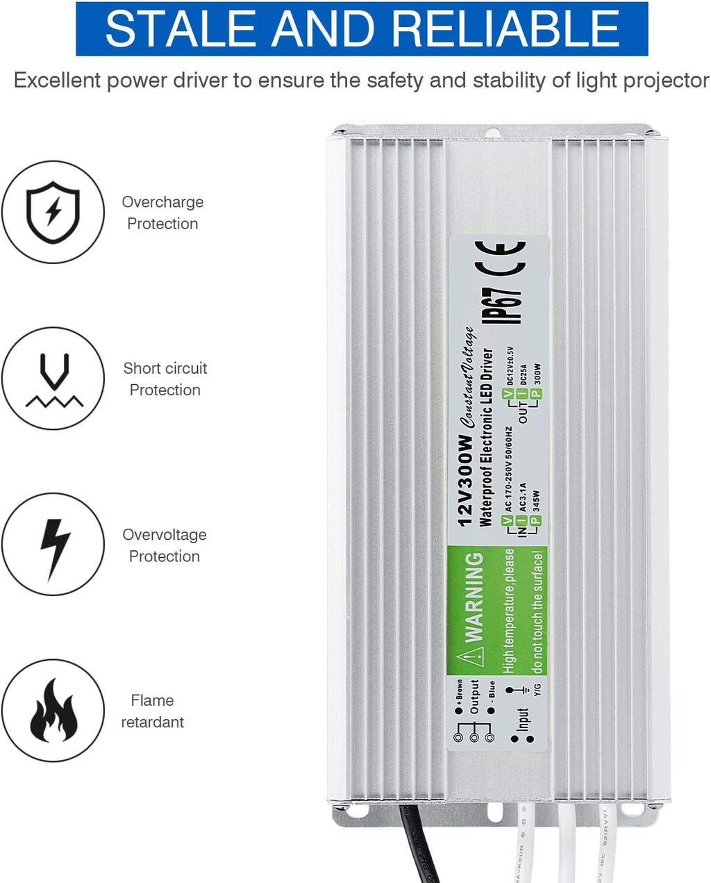 LEDMO IP67 Power Supply 300 Watts DC12V 25A AC/DC Driver Transformer Adapter Low Voltage Output with 3-Prong Plug 3.3 Feet Cable E7370