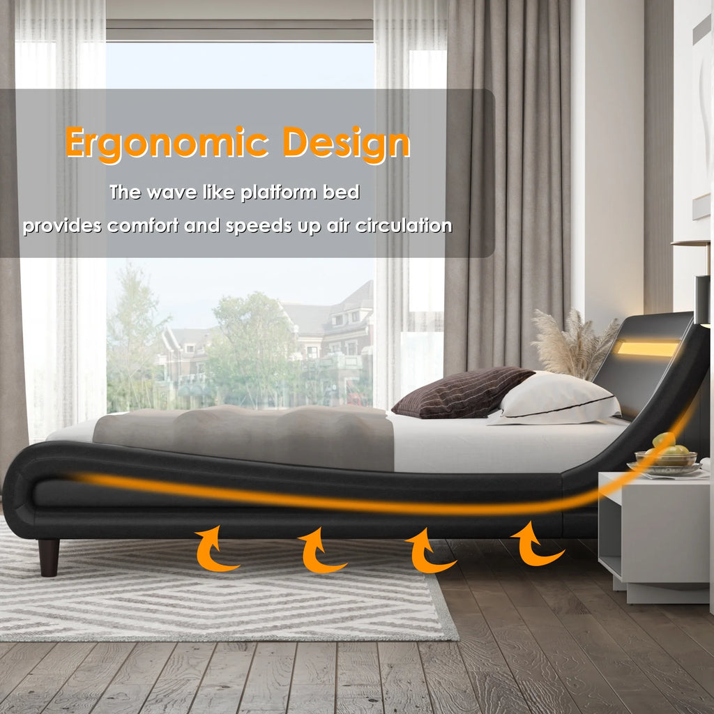 Queen Size Black PU Upholstered Platform Bed Frame with Adjustable Headboard K5052