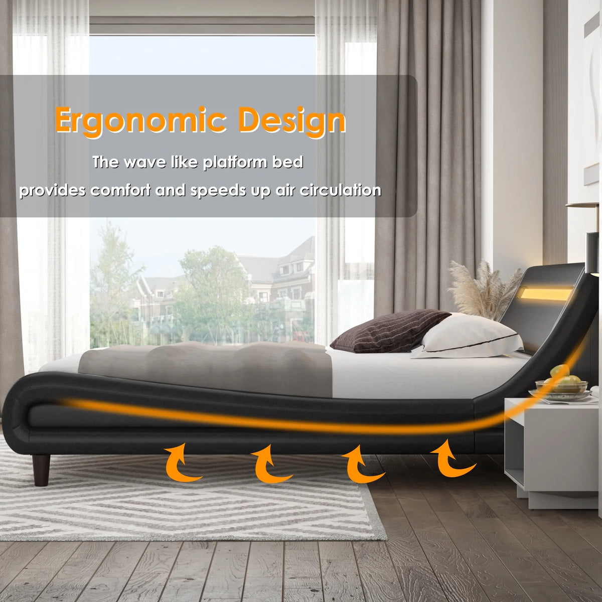 Queen Size Black PU Upholstered Platform Bed Frame with Adjustable Headboard K5052