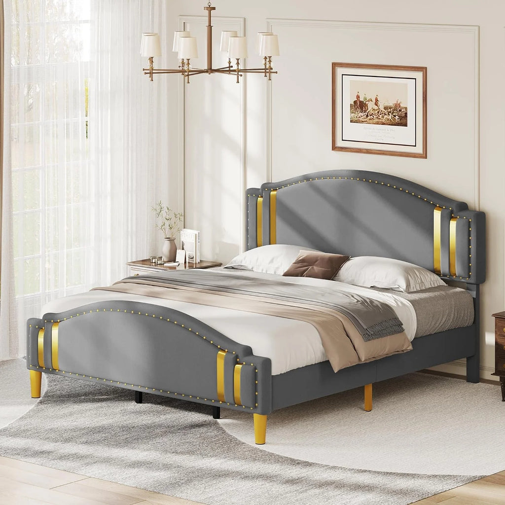King Size Grey Upholstered Platform Bed Frame and Headboard I7654