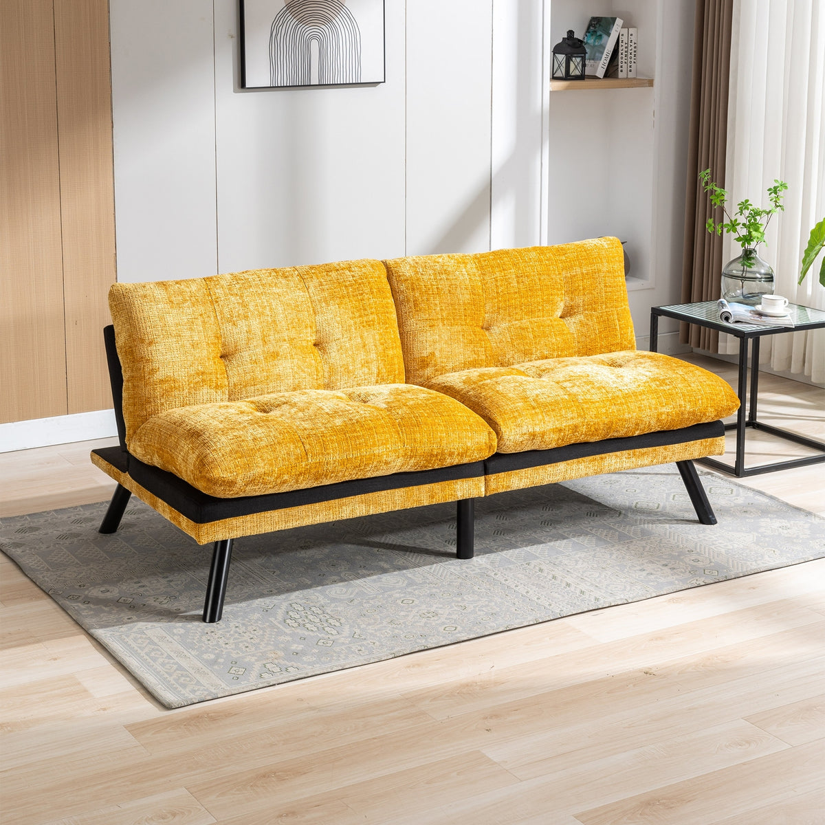 Yellow Chenille Convertible Futon Sofa Bed X384