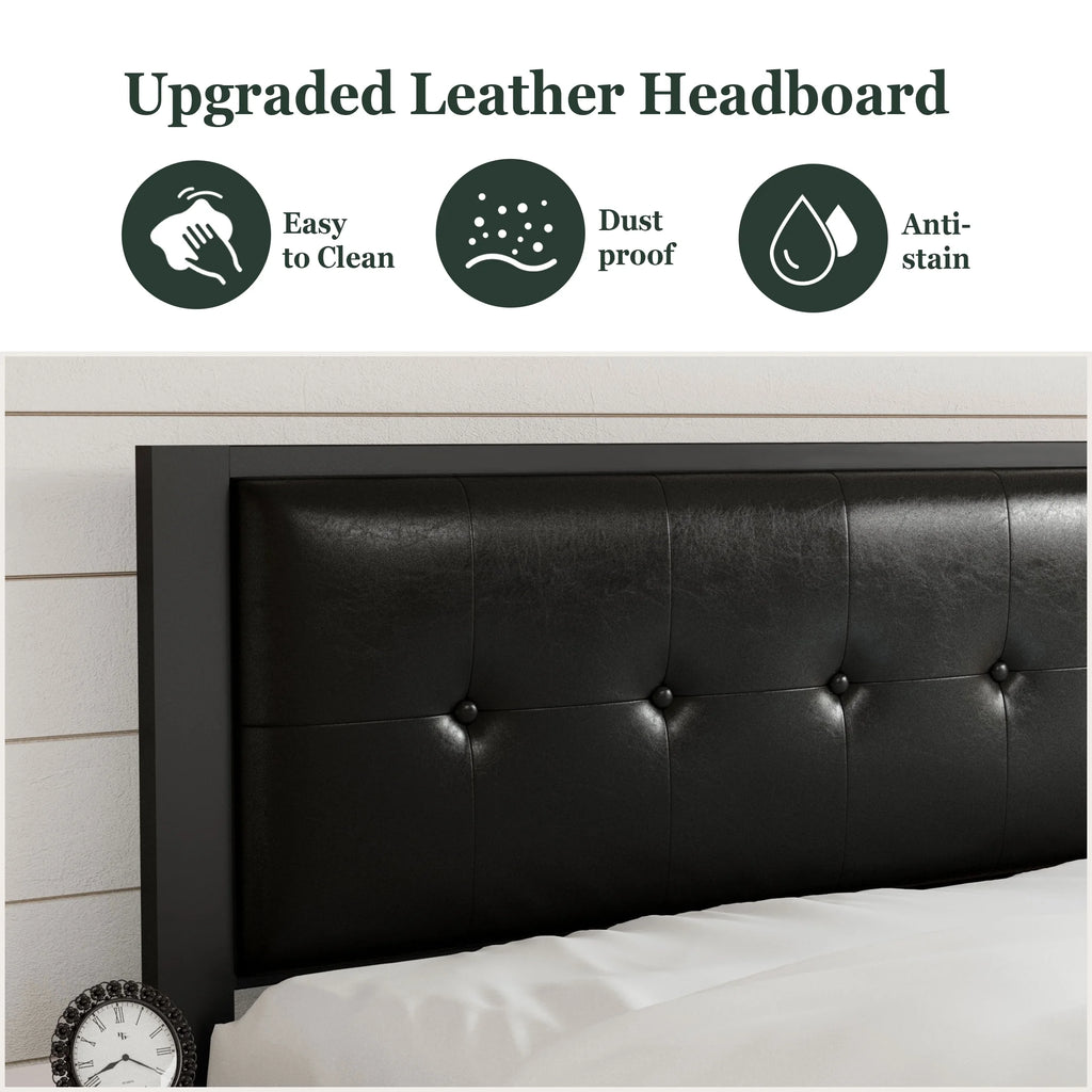 Twin Size Dark Grey Metal Platform Bed with Upholstered Headboard F466