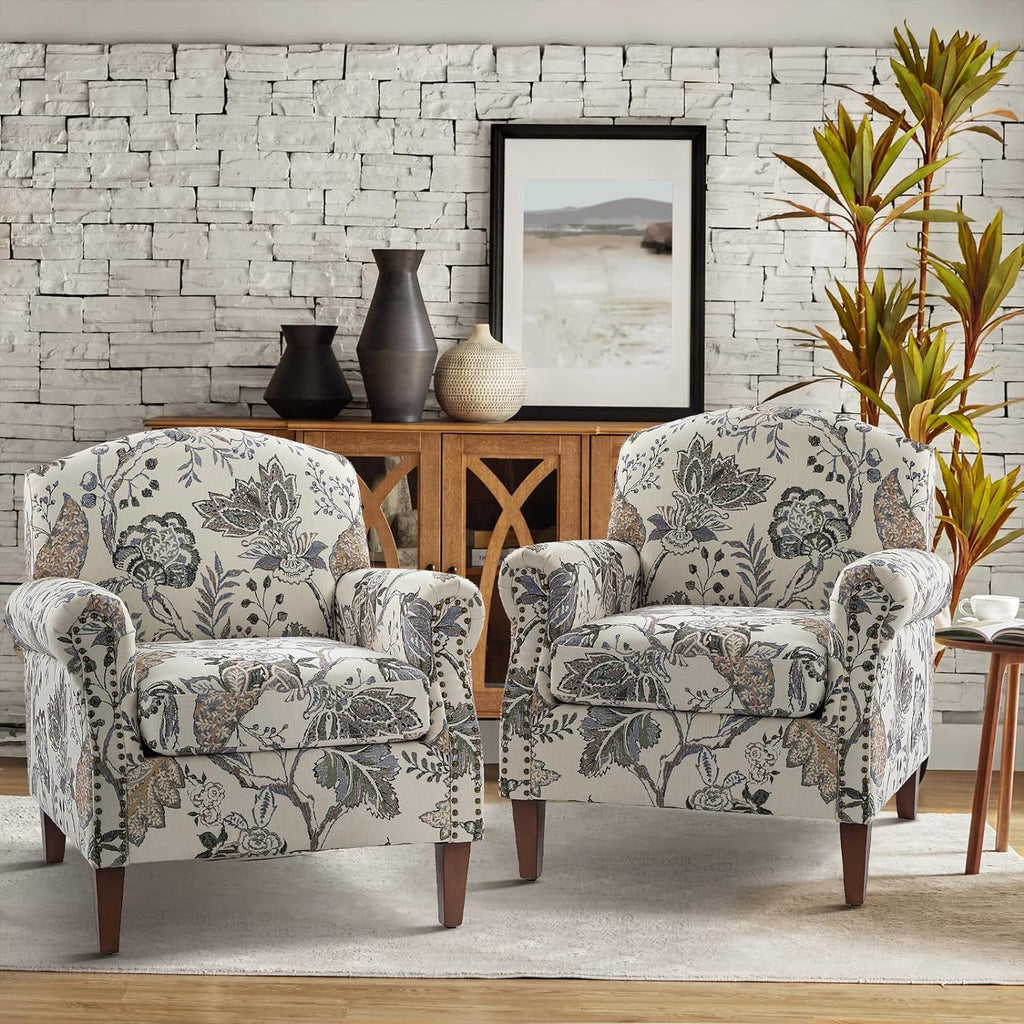 Accent Chair Set Of 2 With Wood Legs & Removable Cushion, Upholstered Armchair, Floral Design, GREY S304007