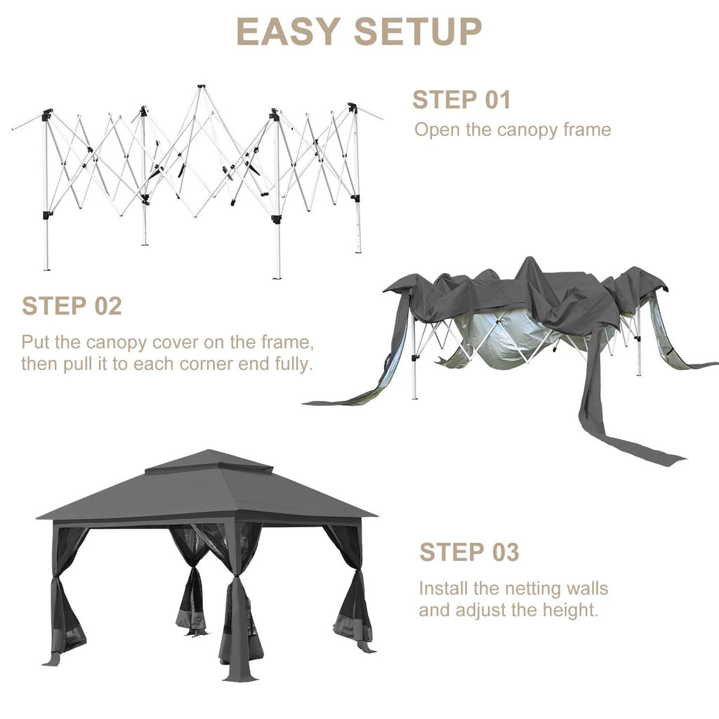 13 x13 ft Pop up Gazebo Canopy Shelter with Mosquito Netting, Brown Q4316
