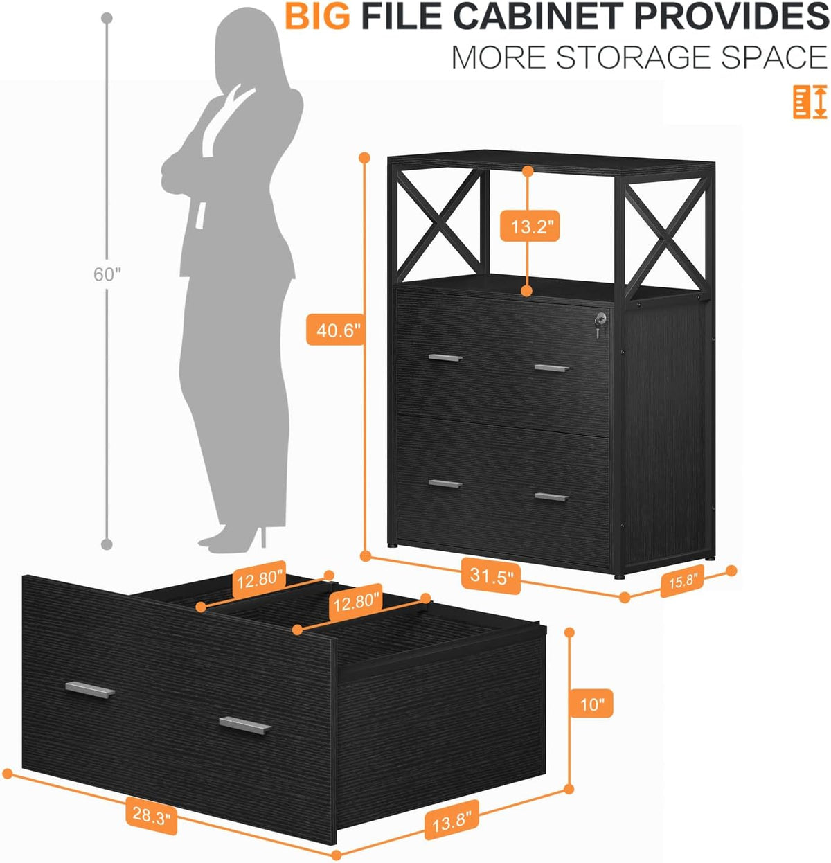 Lateral Filing Cabinet with 2 Drawers, Lockable Storage Cabinet, 31.5” L X 15.8”W X 40.6”H D69464