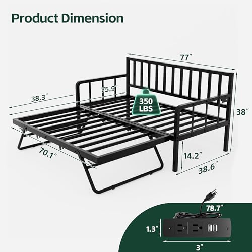 Black Metal Daybed with Trundle and Charging Station B3747