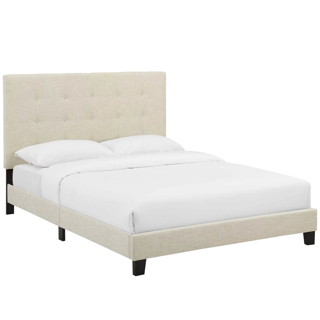 Beige Tufted Upholstered Fabric Platform Bed Q110689