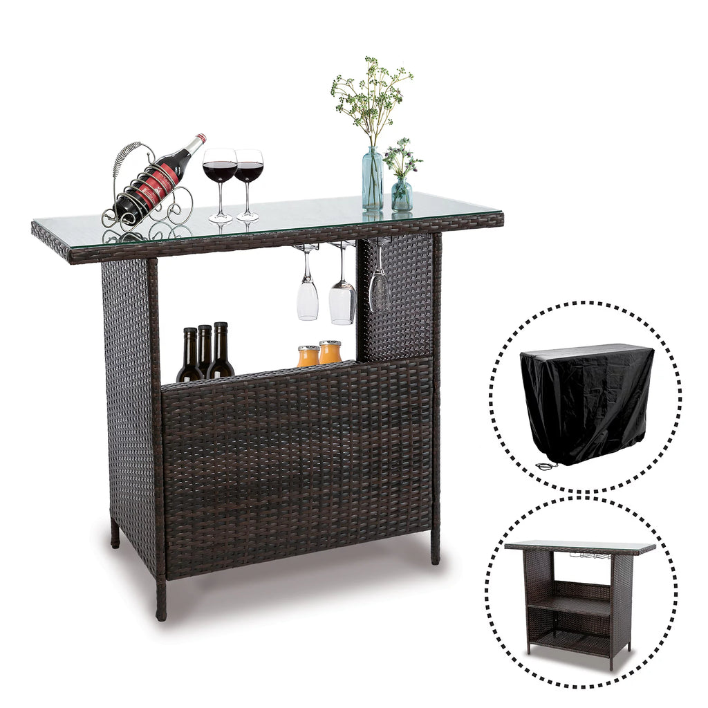 Outdoor Patio Rattan Wicker Bar Counter Table Tempered Glass Tabletop N1147